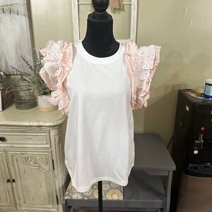 Fate White Blouse with Pink Lace Ruffle Sleeves